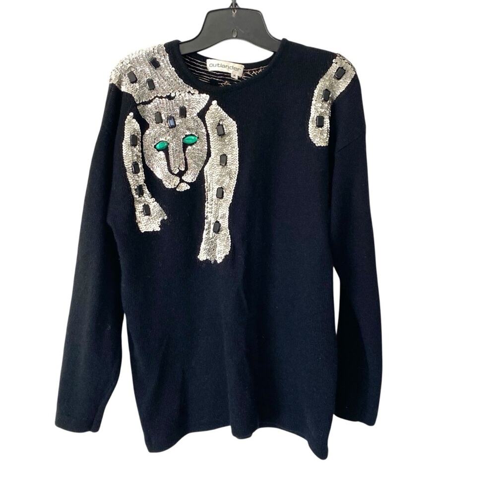 Vintage Outlander Silver Sequin Cheetah Leopard Black Angora Blend Sweater large